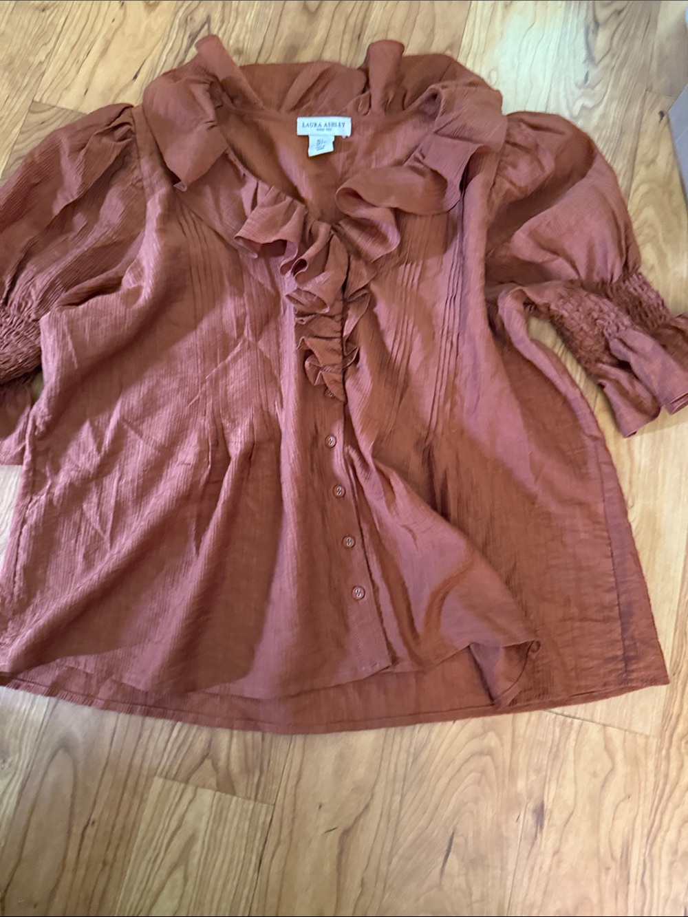 Laura Ashley Rust Ruffle-Front Button Blouse - Picture 1 of 5